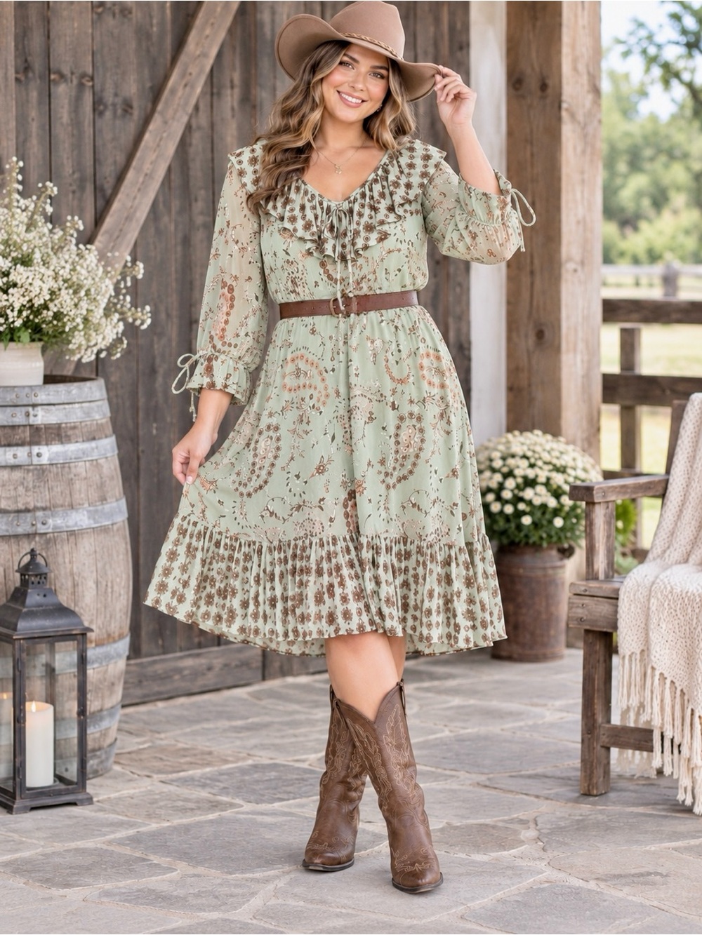 Celery Green Paisley Ruffle Midi Dress 1X 14/16W Romantic Country Wedding Guest